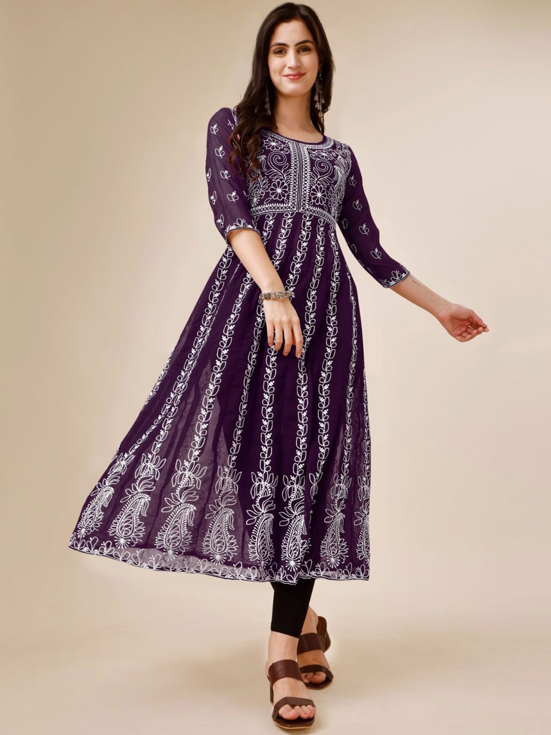 

KALINI Ethnic Motifs Embroidered Thread Work Georgette Anarkali Kurta, Lavender