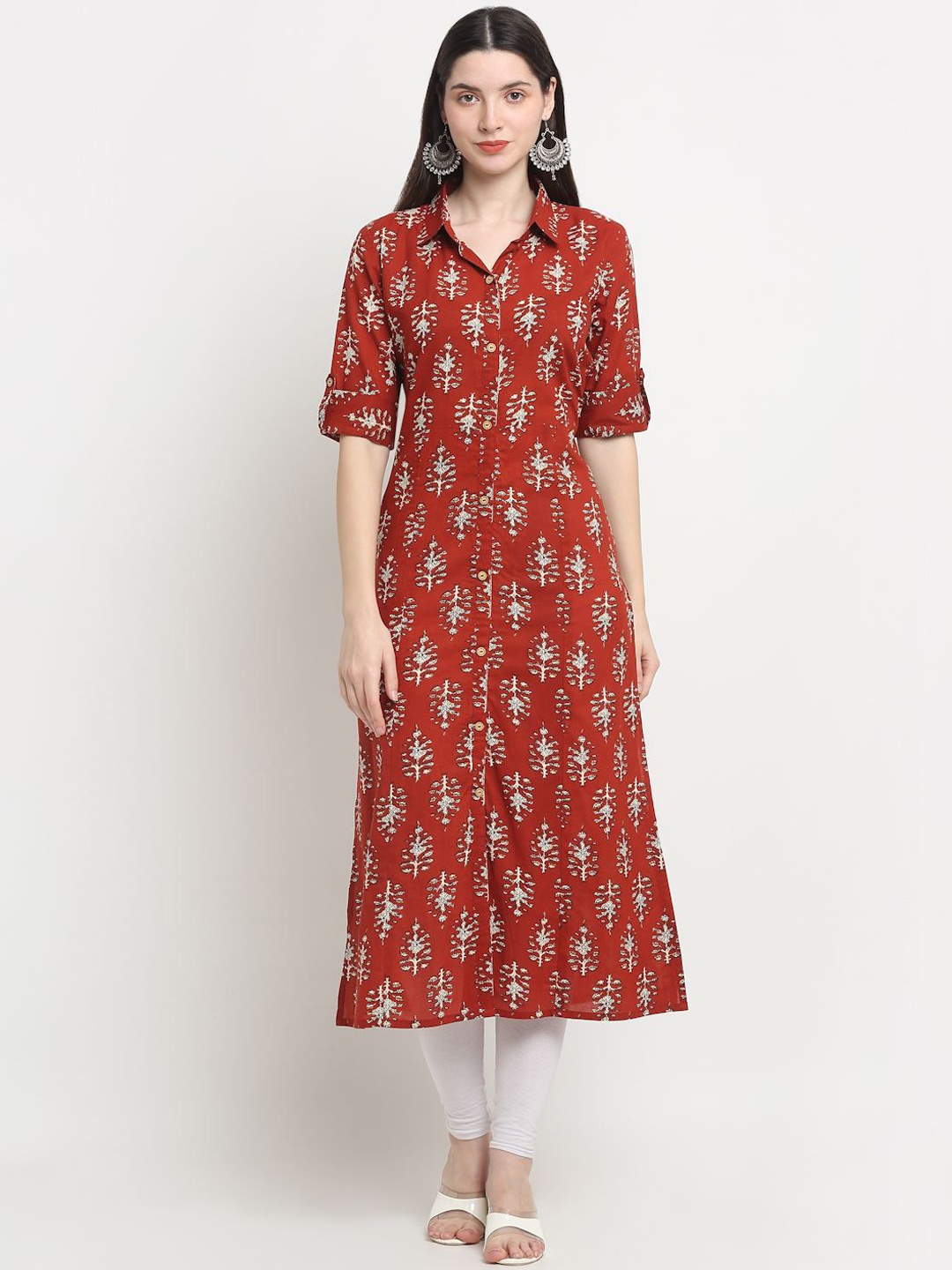 

KALINI Ethnic Motifs Printed Shirt Collar Pure Cotton A Line Kurta, Maroon