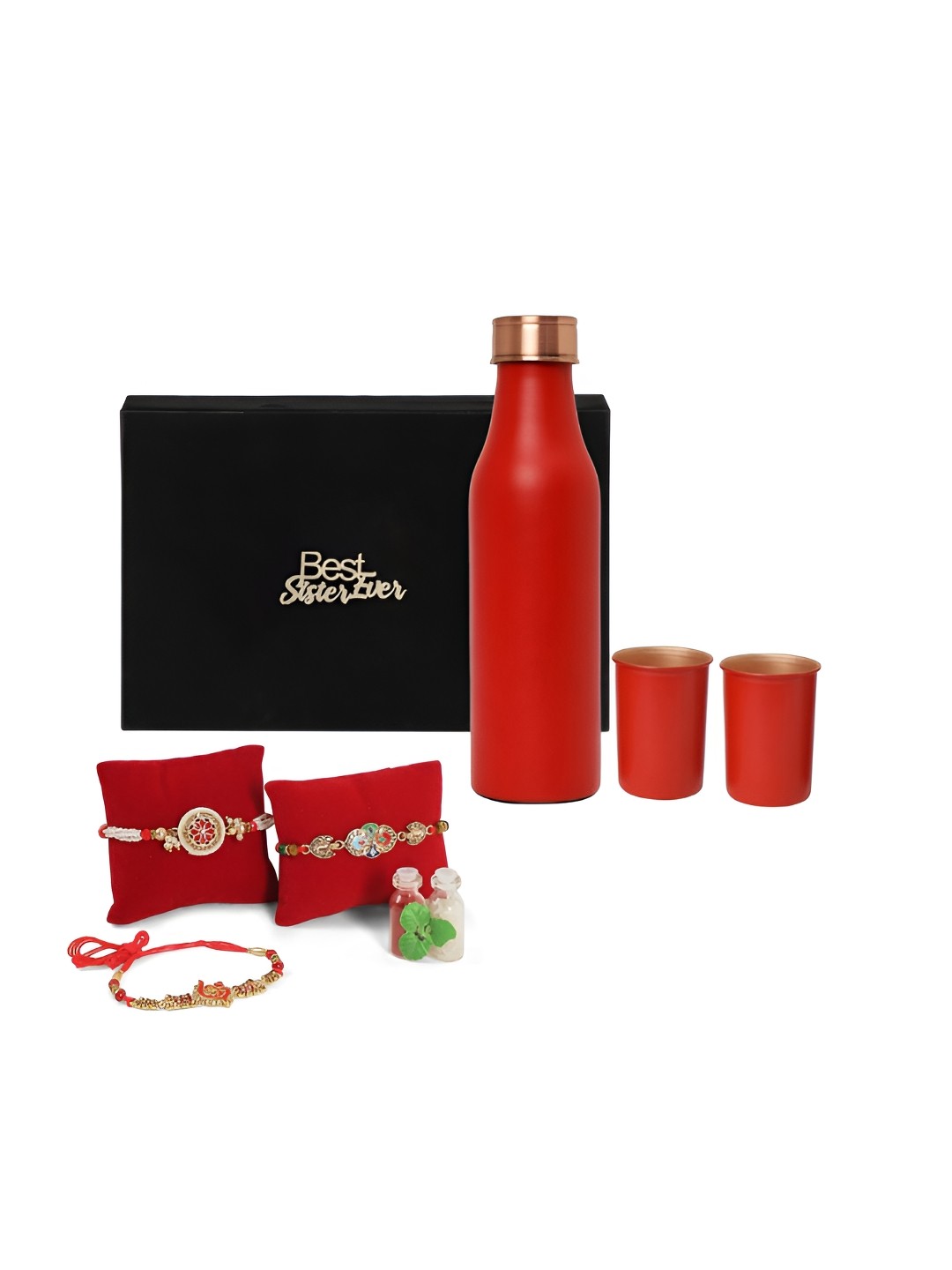 

INTERNATIONAL GIFT Set Of 6 Rakhi With Water Bottle & Glass, Red