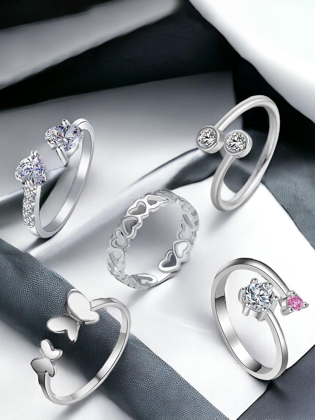 

Okos Set Of 5 Rhodium Plated Cubic Zirconia Studded Finger Rings, Silver