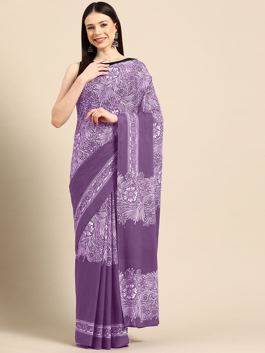 

BUTA BUTI Floral Pure Cotton Saree, Lavender