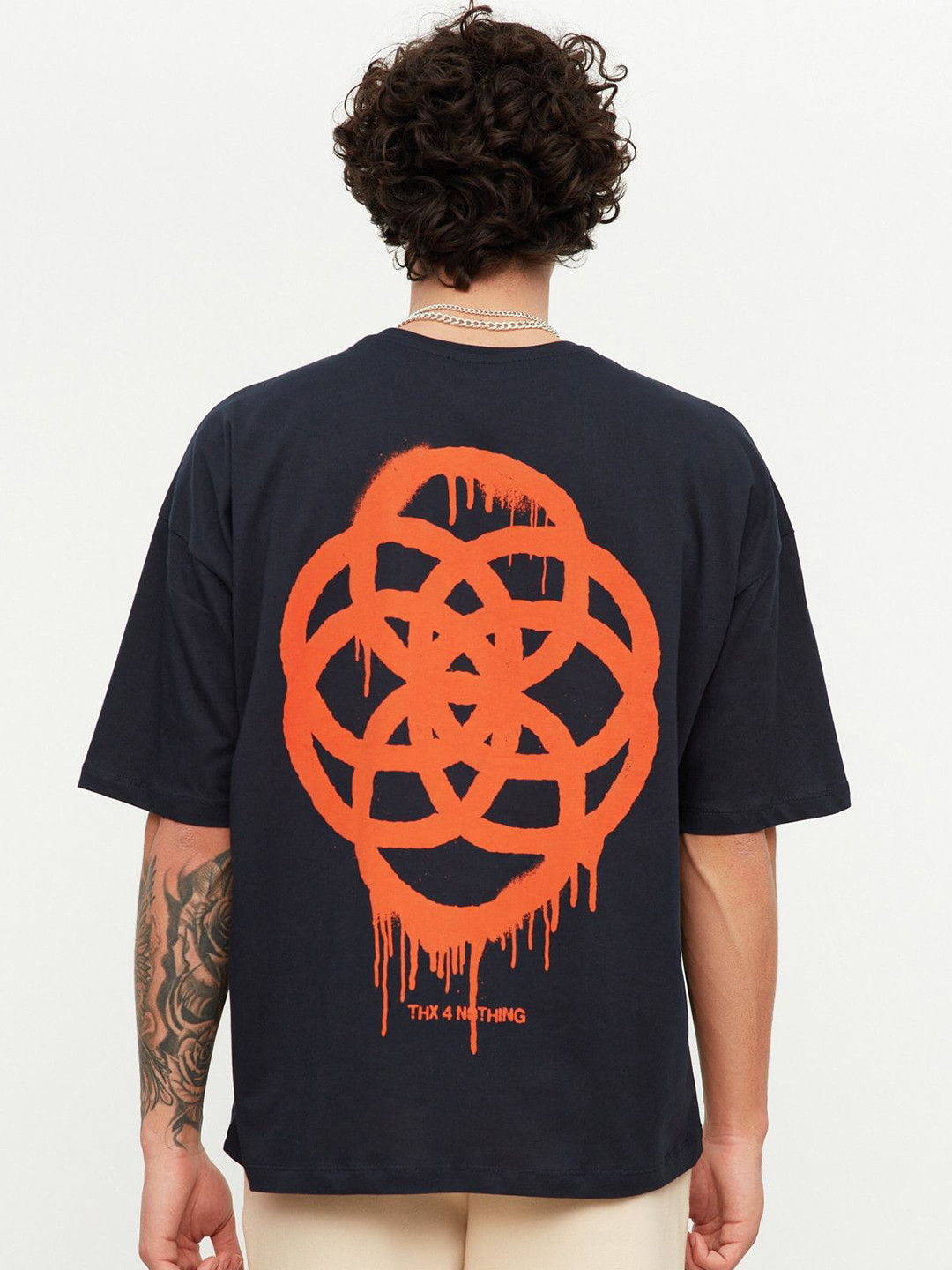 

Trendyol Men Graphic Printed Round Neck Cotton Oversized T-Shirt, Navy blue