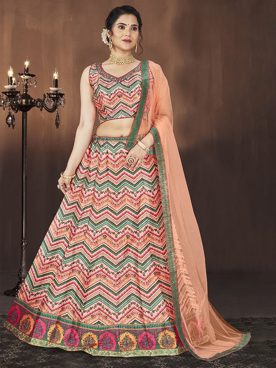 

EthnicTree Printed Beads and Stones Ready to Wear Lehenga & Blouse With Dupatta, Peach