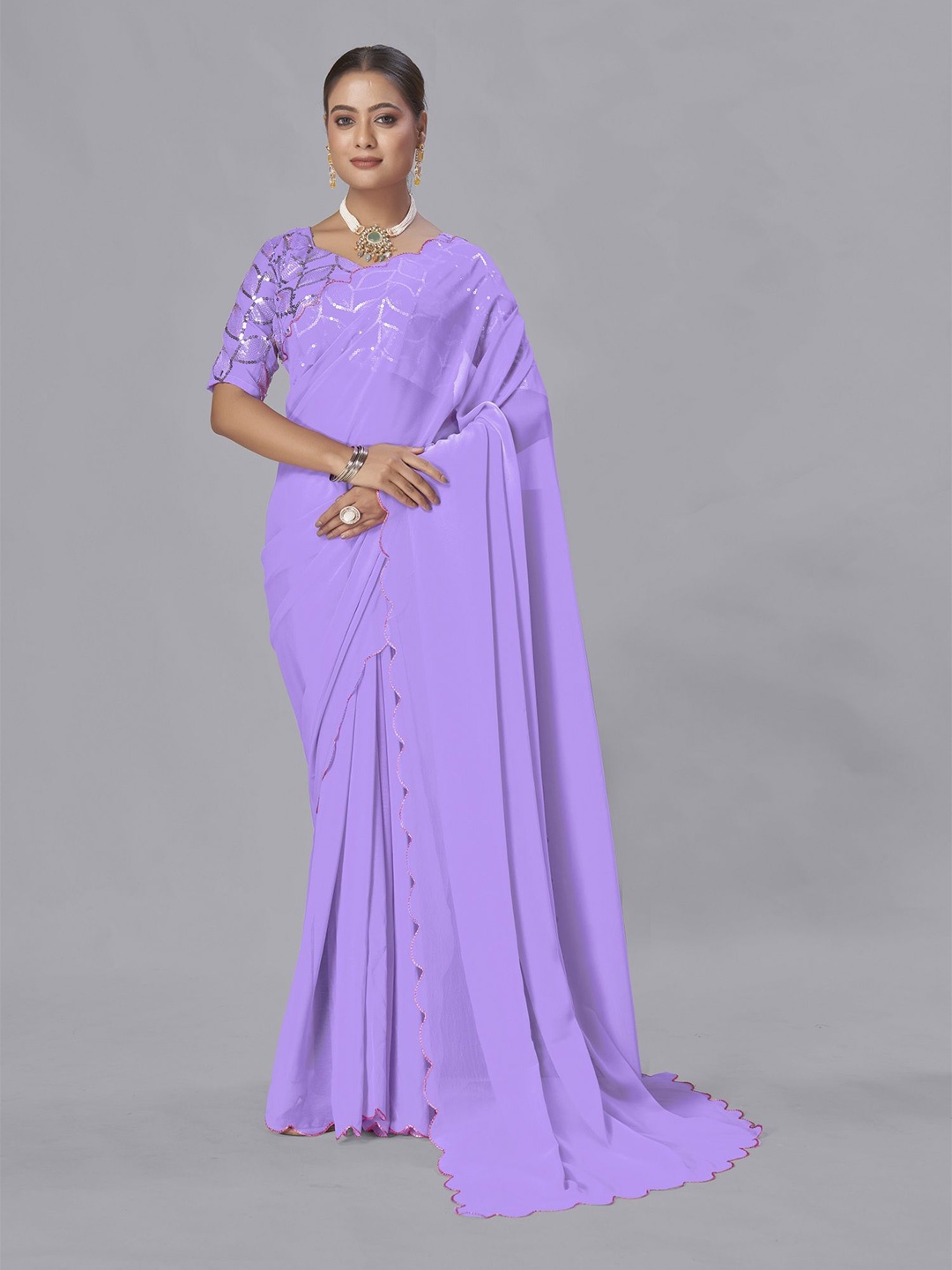 

LADY SHOPI Embroidered Pure Georgette Saree, Lavender