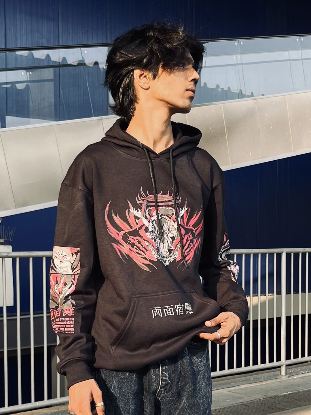 

Getsetwear Men Printed Hooded Sweatshirt, Black
