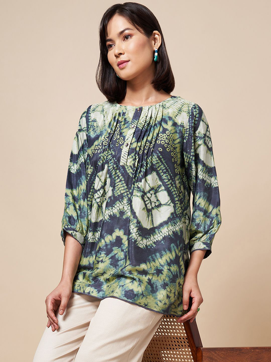 

Marigold Lane Women Abstract Printed Round Neck Top, Navy blue