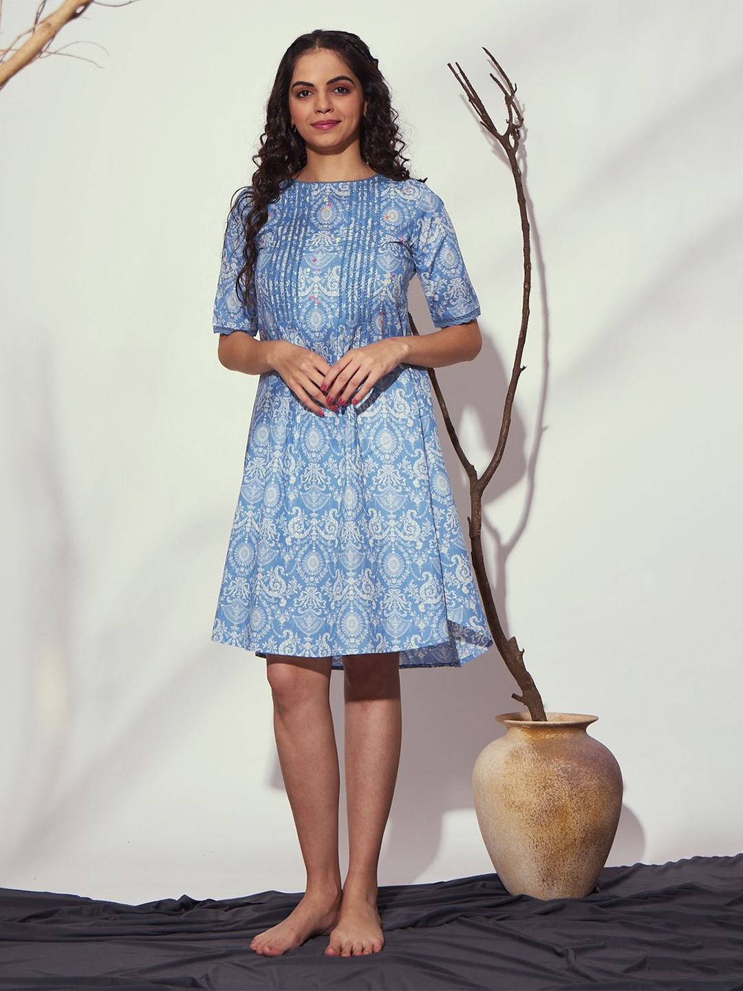 

July Women Printed Pure Cotton Nightdress, Blue