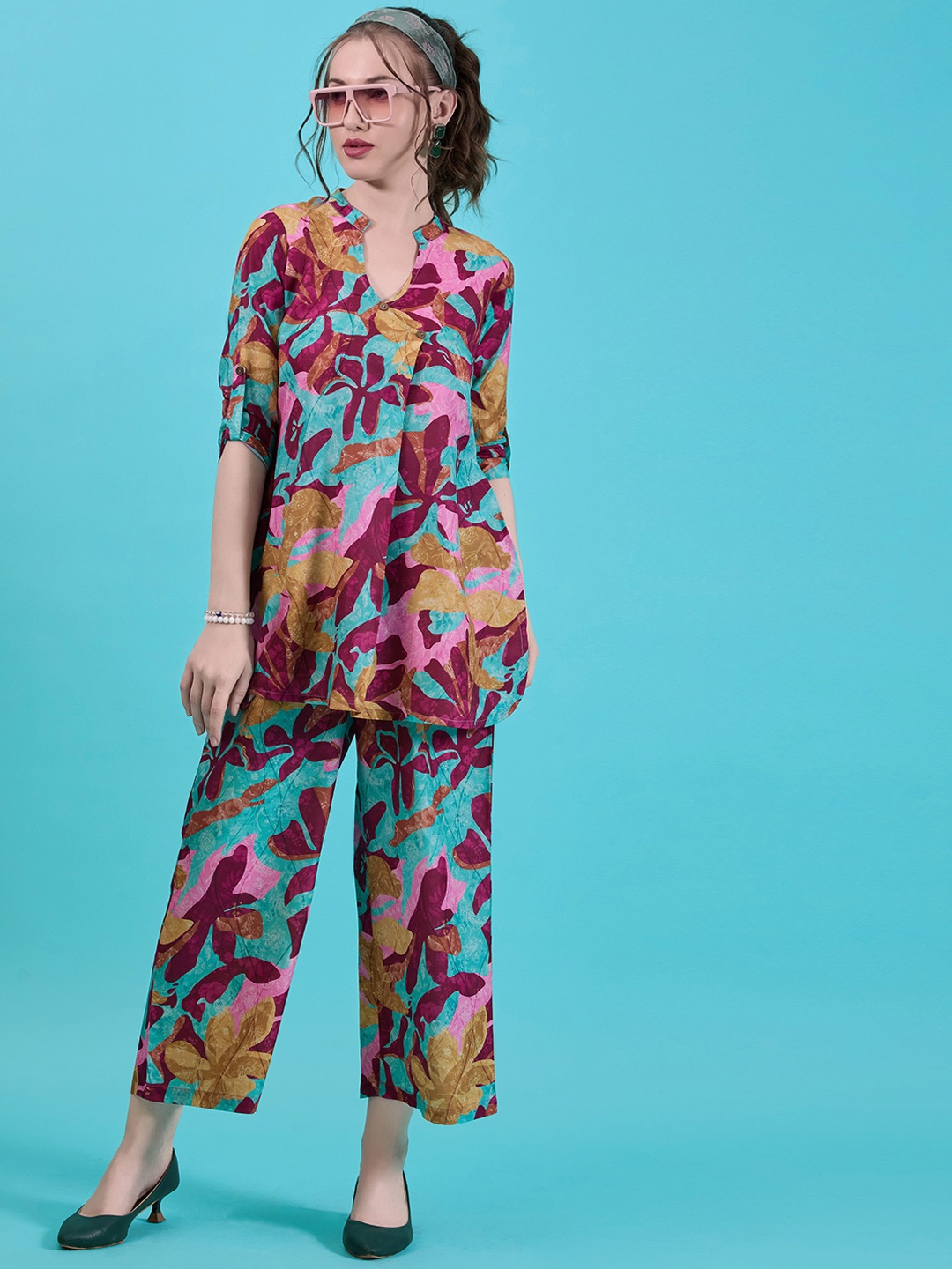 

Amarasha Mandarin Collar Printed Top With Trouser, Purple