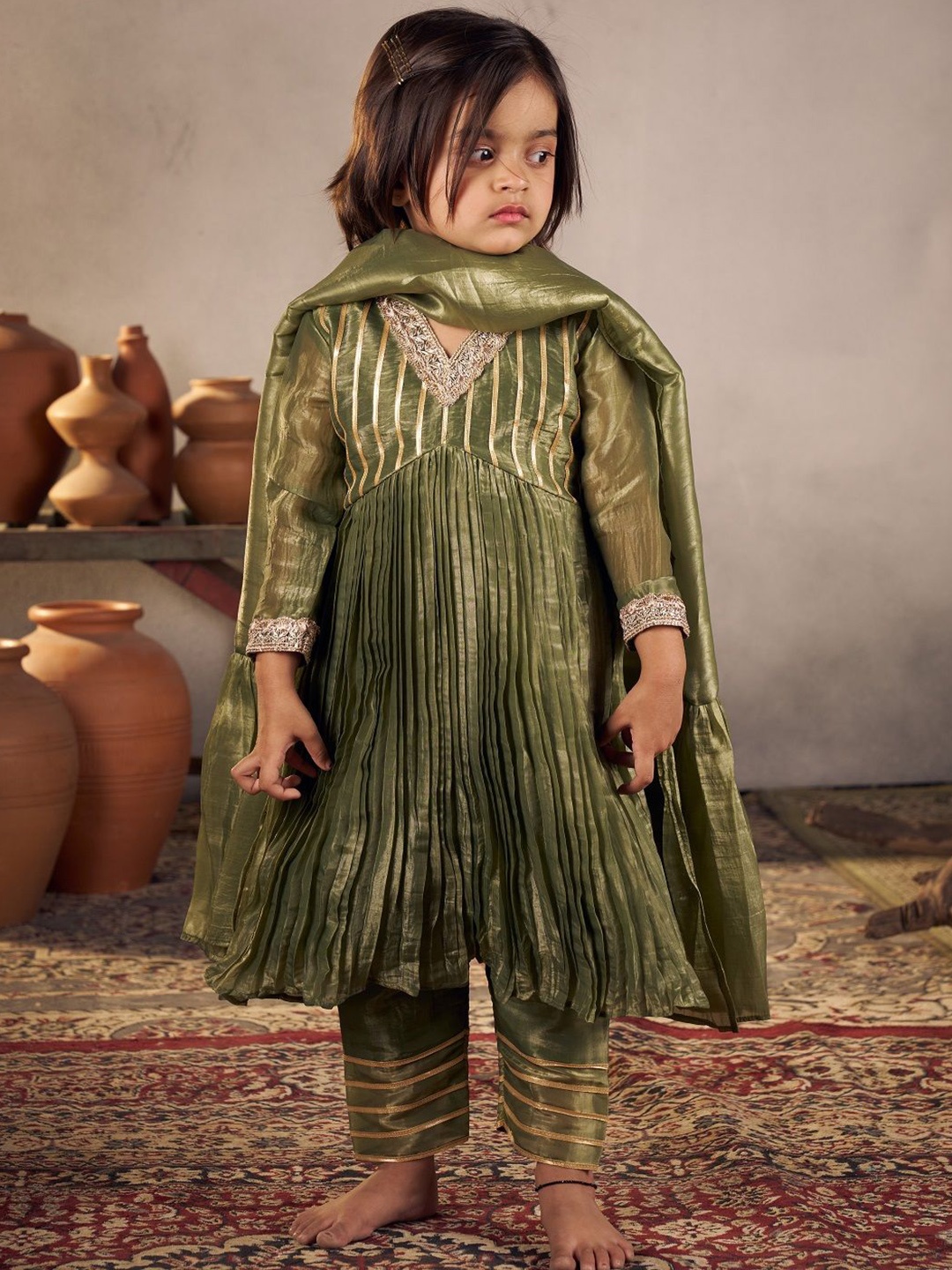 

Vivedkids Girls Yoke Design Gotta Patti Empire Anarkali Kurta With Trousers & Dupatta, Olive