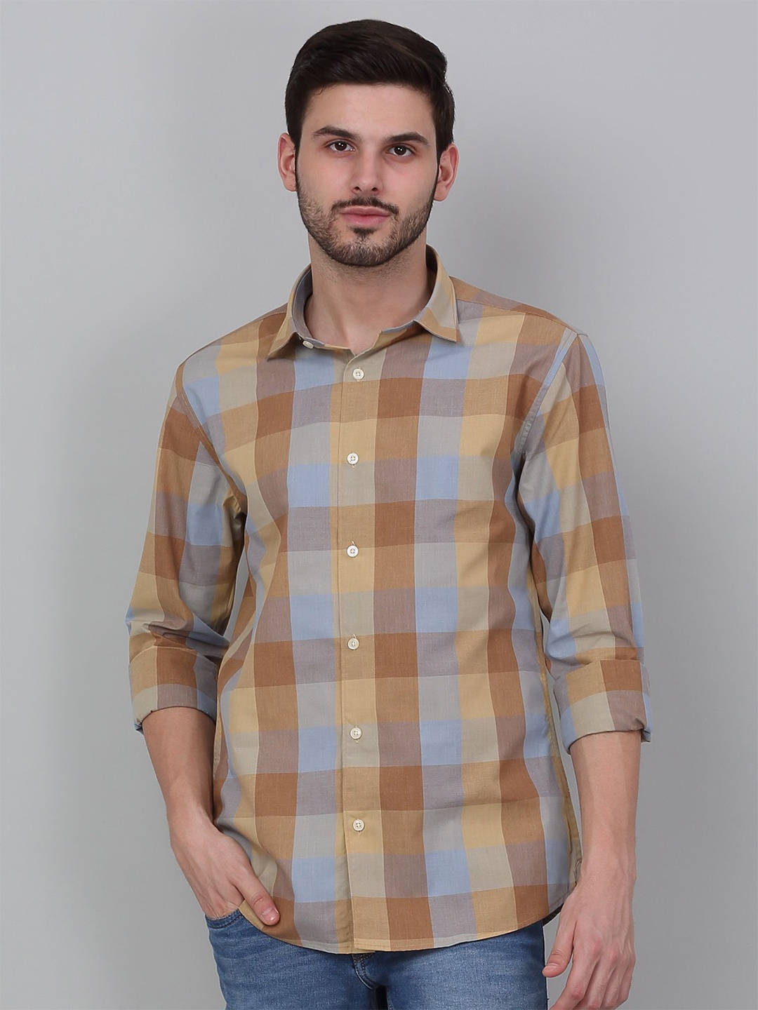 

Cantabil Men Spread Collar Checked Cotton Casual Shirt, Beige