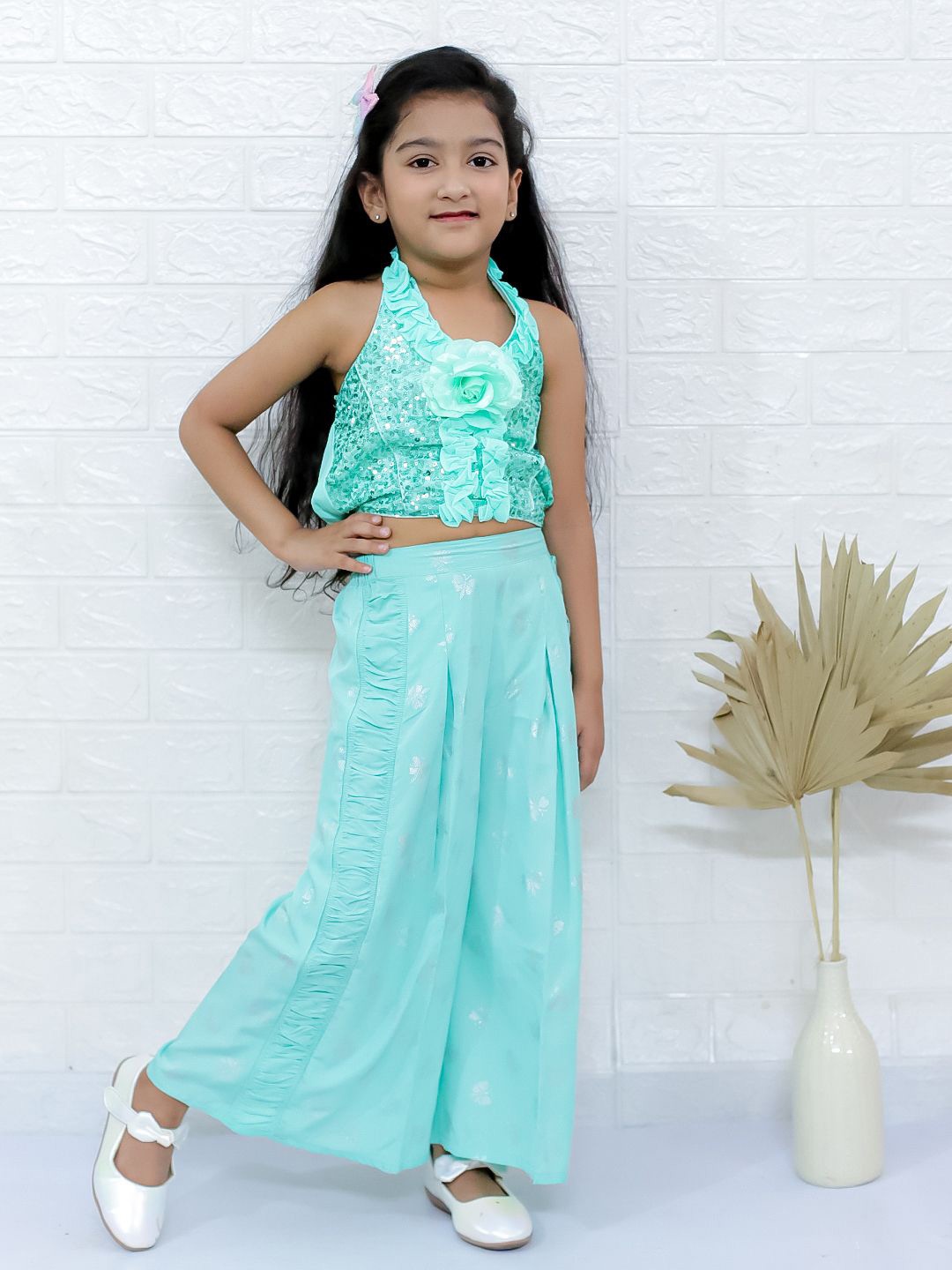 

Twisha Girls Halter Neck Sequin Top with Pleated Palazzos, Sea green