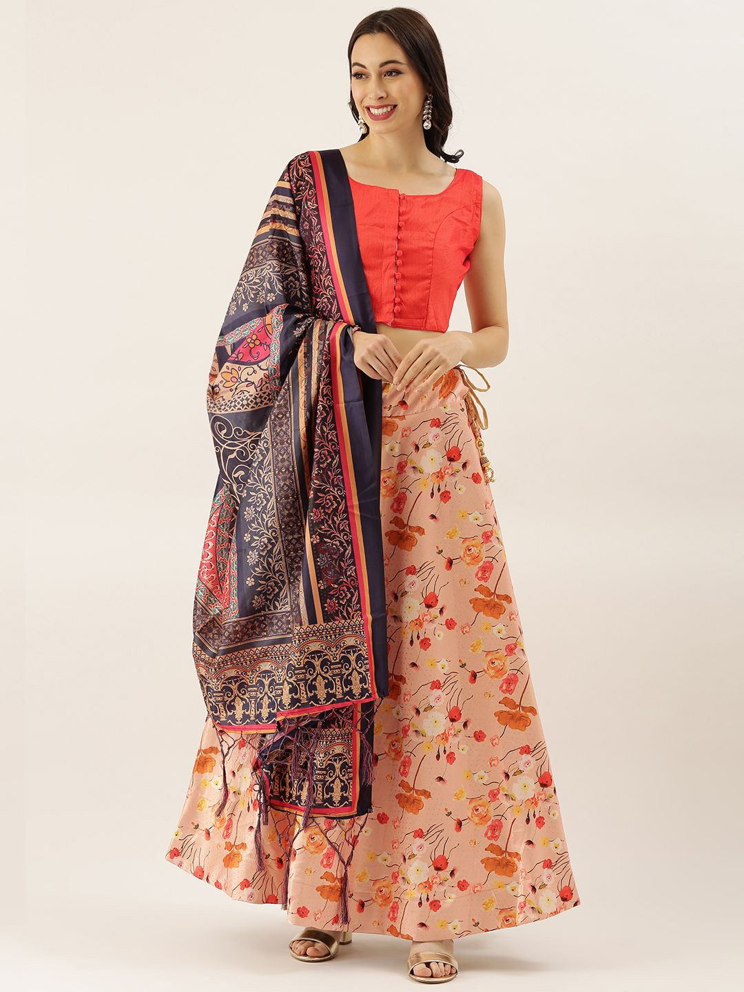 

Kaizen TEXO FAB Printed Satin Semi-Stitched Lehenga & Unstitched Blouse With Dupatta, Peach