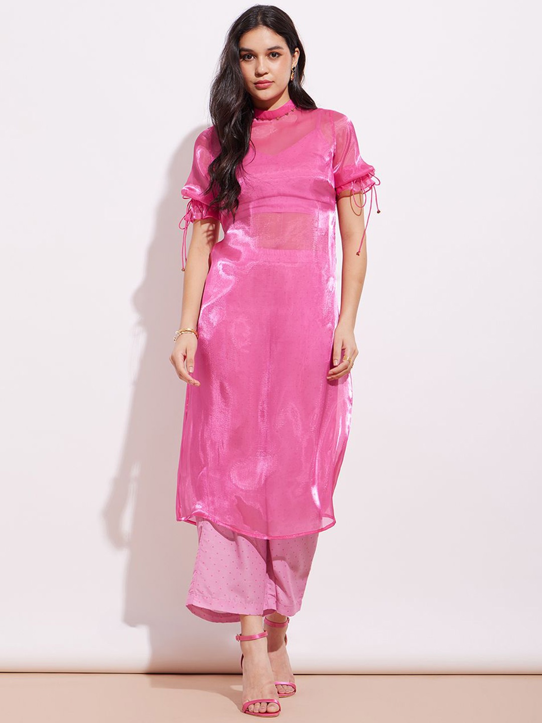 

Pink Fort Band Collar Puffed Sleeves Organza A-Line Kurta with Trousers