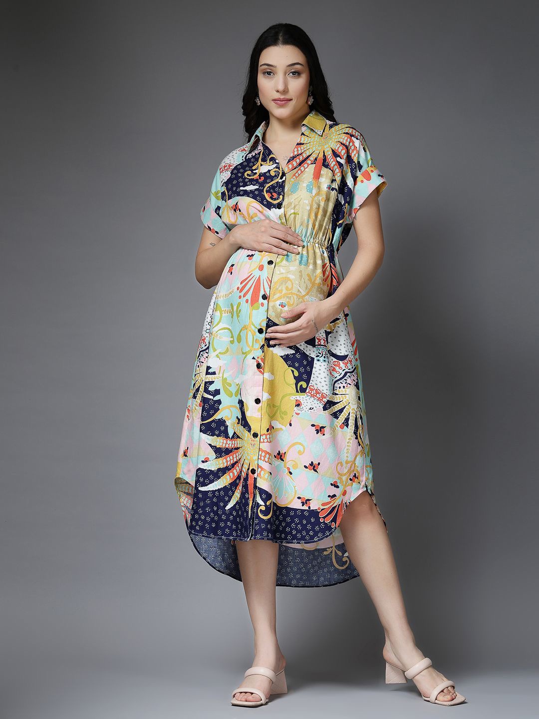

House Of Zelena Floral Printed Short Sleeves Maternity A-Line Midi Dress, Navy blue