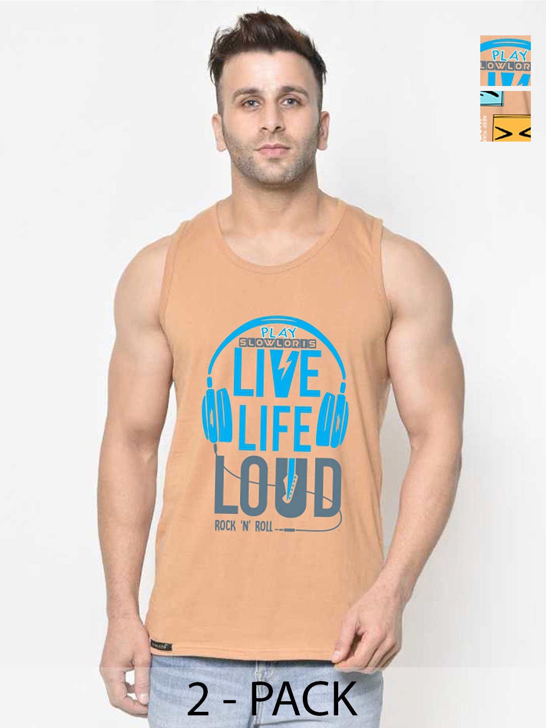 

SLOWLORIS Men Pack Of 2 Typography Printed Round Neck Cotton Slim Fit T-Shirts, Rust