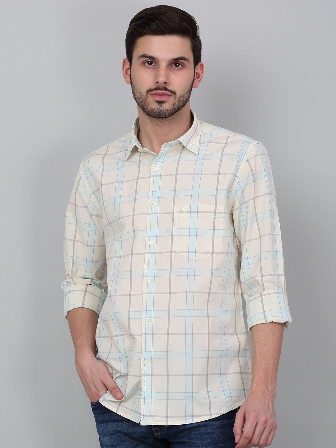 

Cantabil Men Spread Collar Tartan Checked Cotton Casual Shirt, Cream