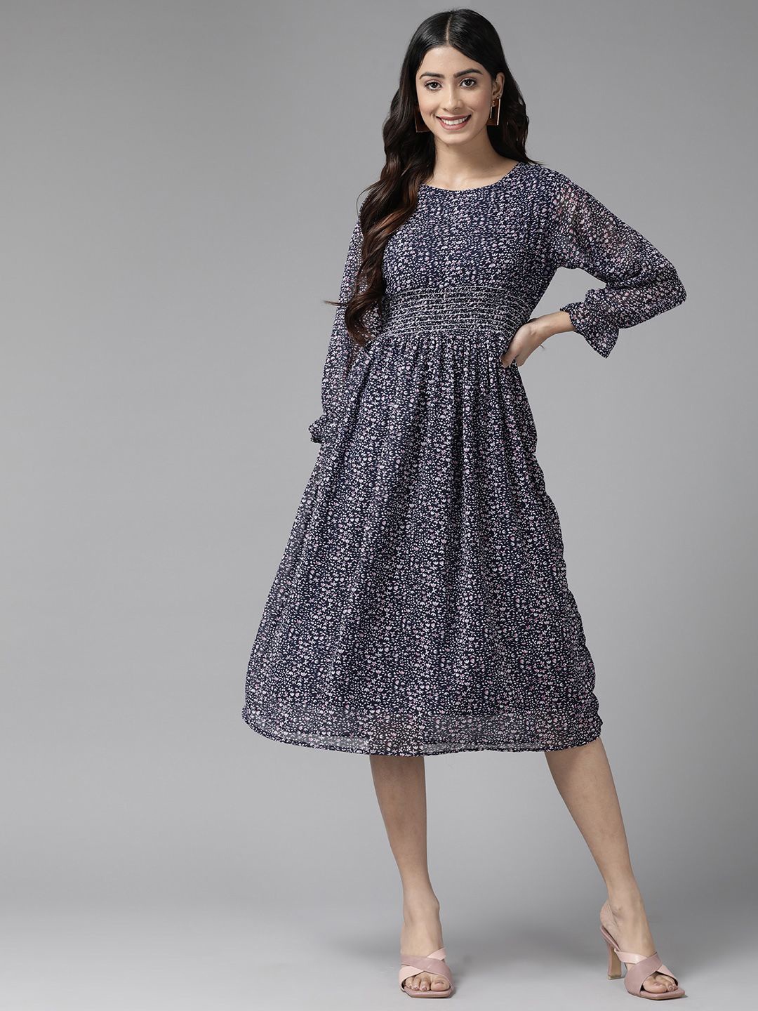 

BAESD Ethnic Motifs Printed Bell Sleeve A-Line Midi Dress, Navy blue