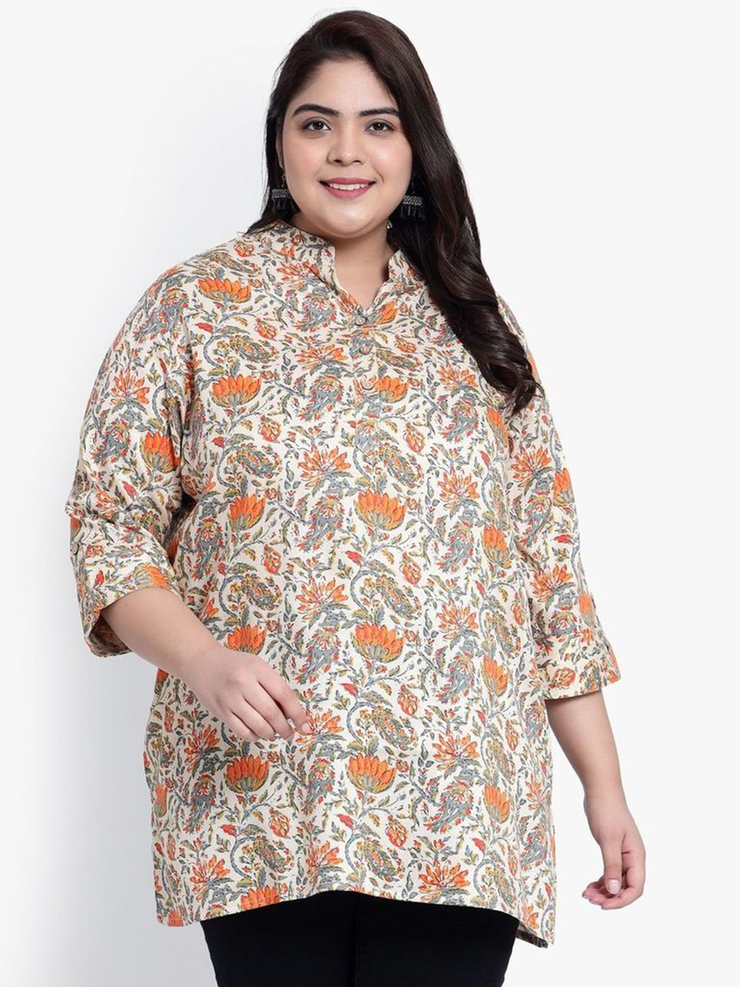 

Indietoga Women Plus Size Floral Printed Mandarin Collar Cotton Top, Orange