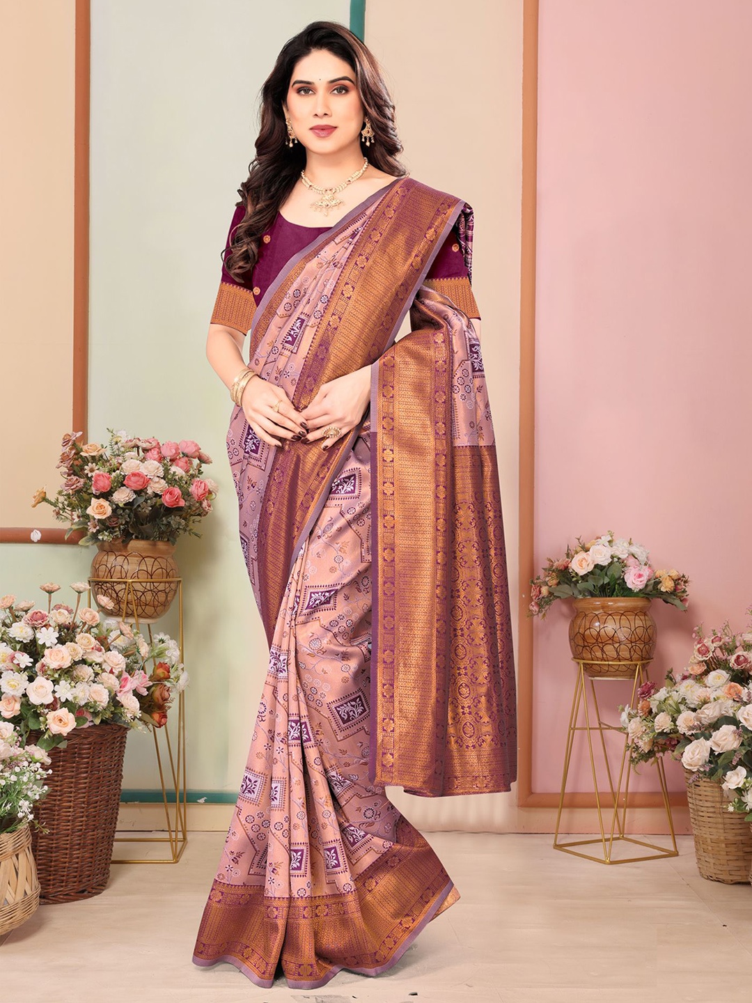 

Om Shantam Sarees Woven Design Zari Kanjeevaram Saree, Pink