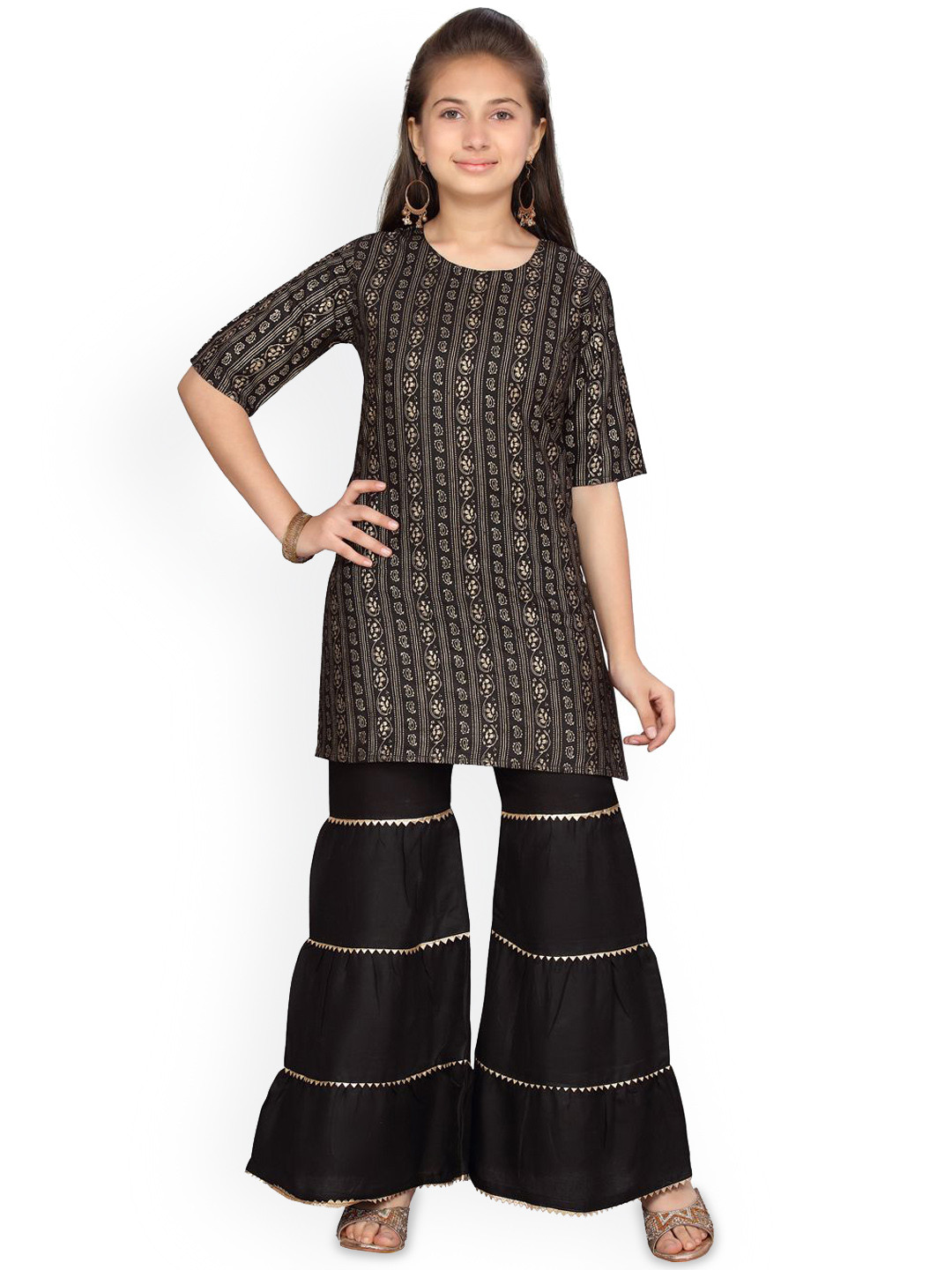 

BAESD Girls Paisley Printed Pure Cotton Straight Kurti With Sharara, Black