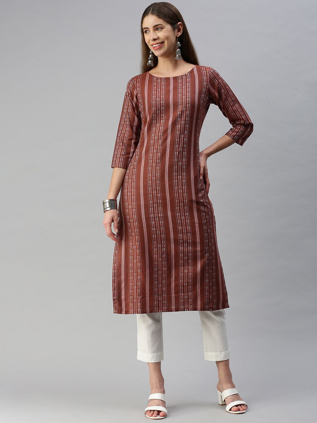 

KALINI Striped Round Neck Straight Kurta, Rust