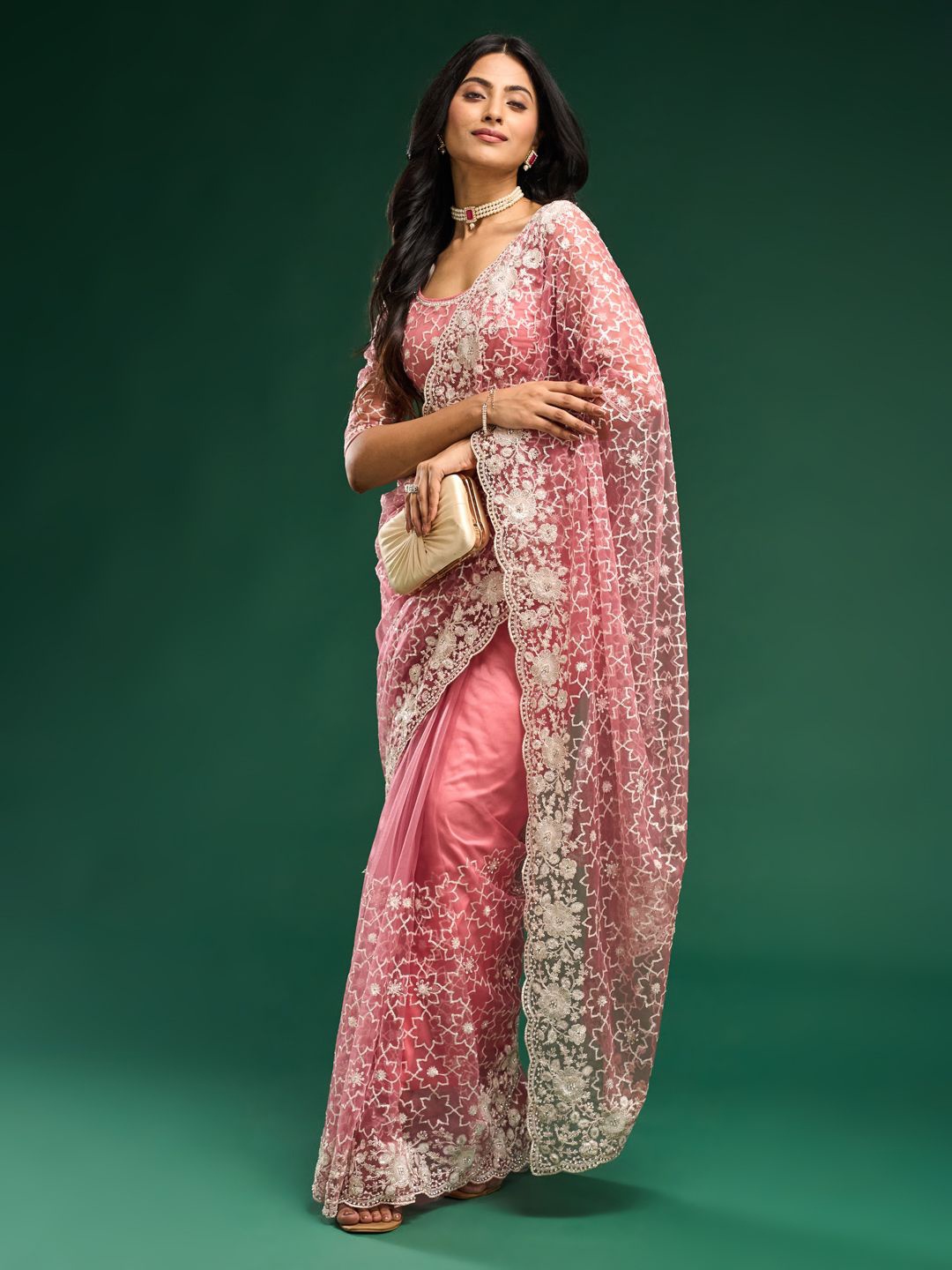 

kasee Floral Embroidered Net Saree, Pink