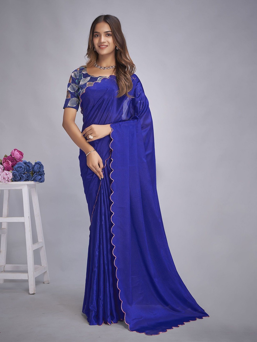 

LADY SHOPI Embroidered Pure Chiffon Saree, Blue