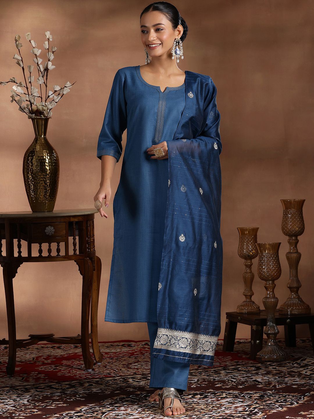 

Libas Sequinned Straight Kurta With Trousers & Dupatta, Teal