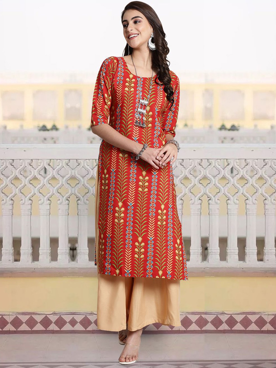 

7Threads Ethnic Motifs Printed Round Neck Kurta, Orange