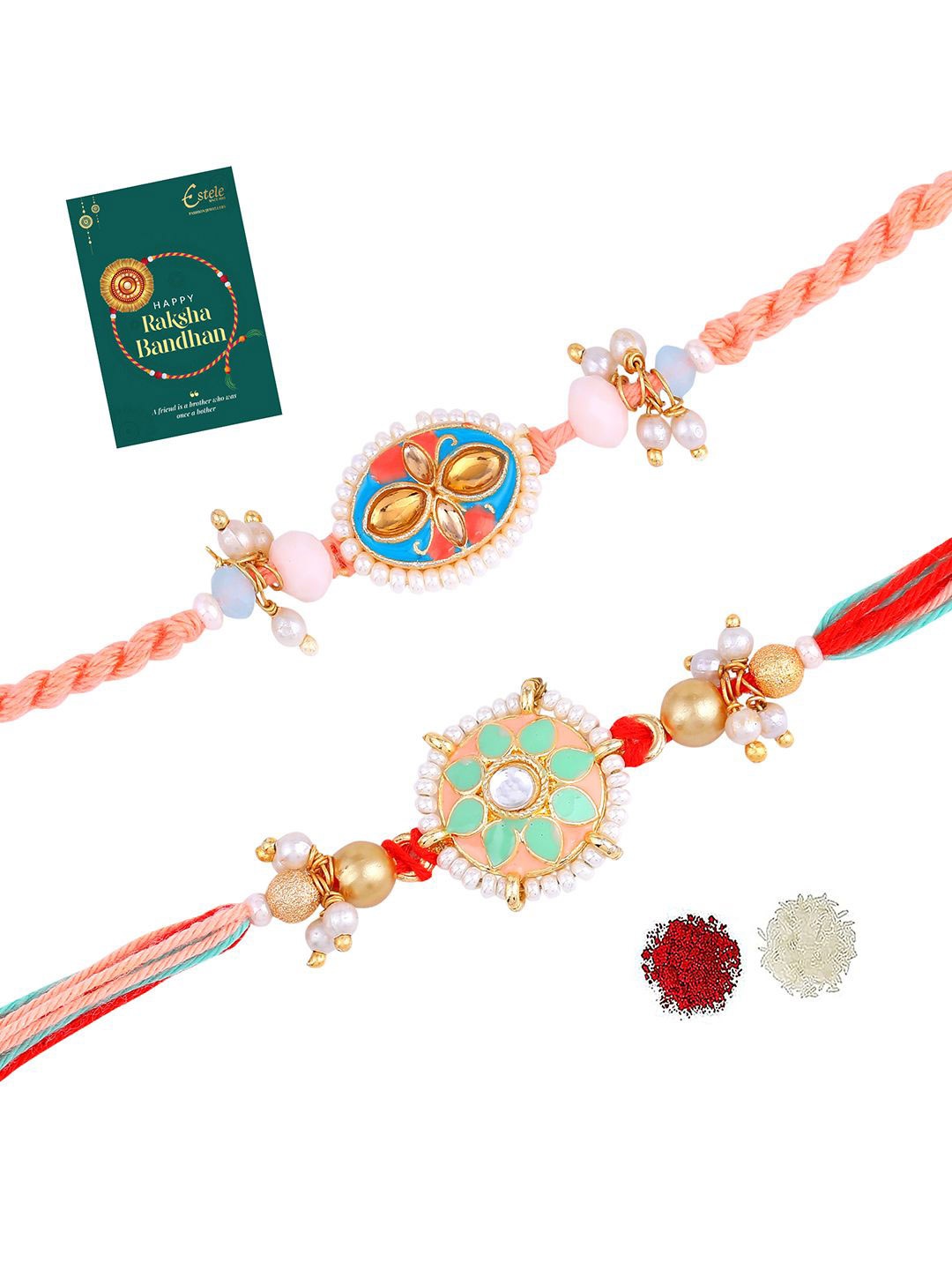

Estele Set Of 2 Thread & Beaded Tie Up Rakhis, Pink