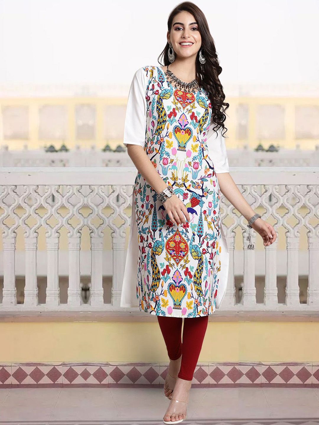 

7Threads Women Ethnic Motifs Printed Round Neck Straight Kurta, White