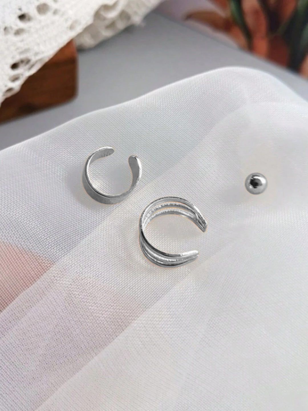 

VAGHBHATT Set of 3 Stainless Steel Silver Plated Ball Stud & No Piercing Ear Cuffs