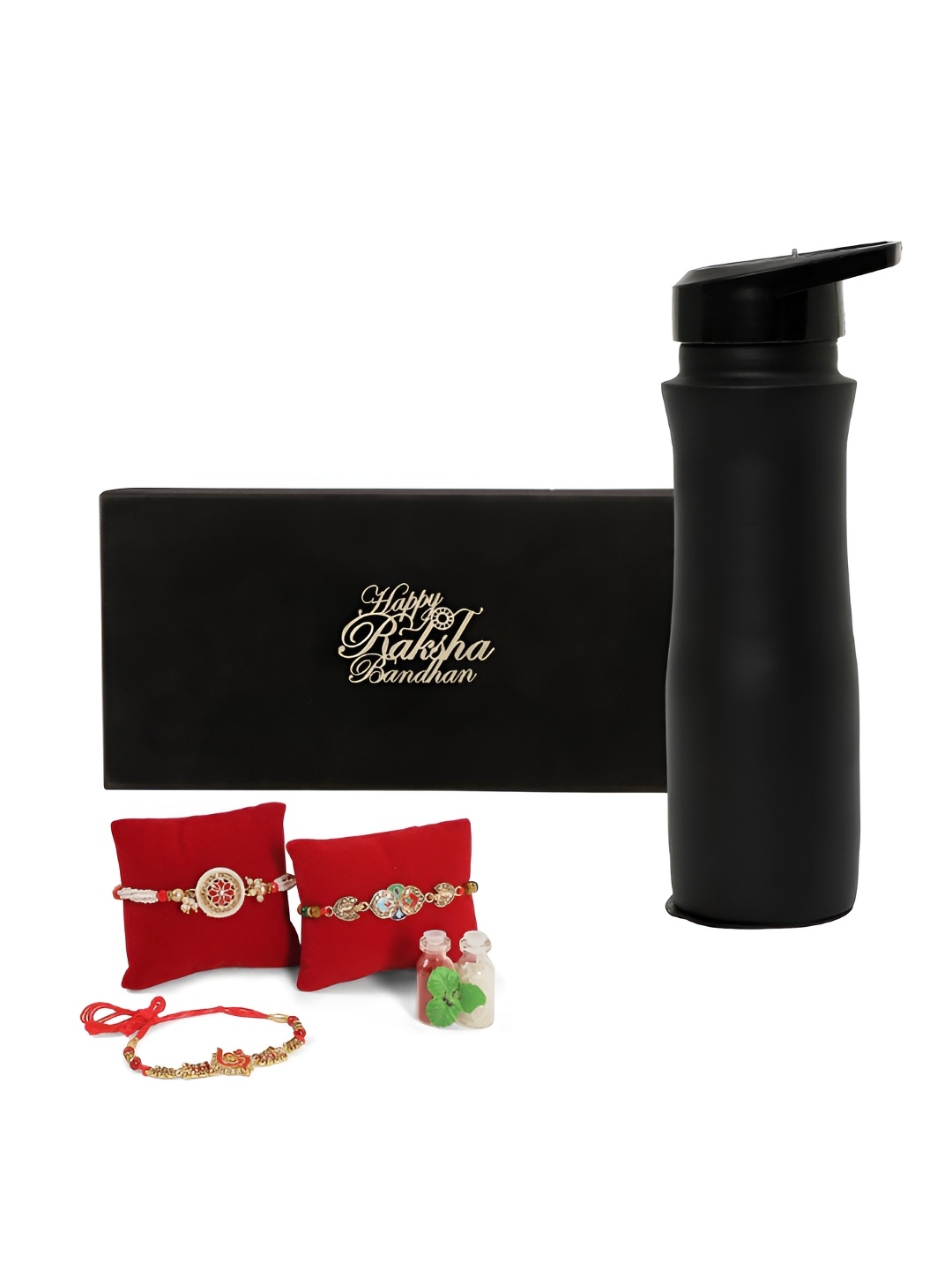 

INTERNATIONAL GIFT Set Of 4 Rakhis With Copper Water Bottle & Roli Chawal, Black
