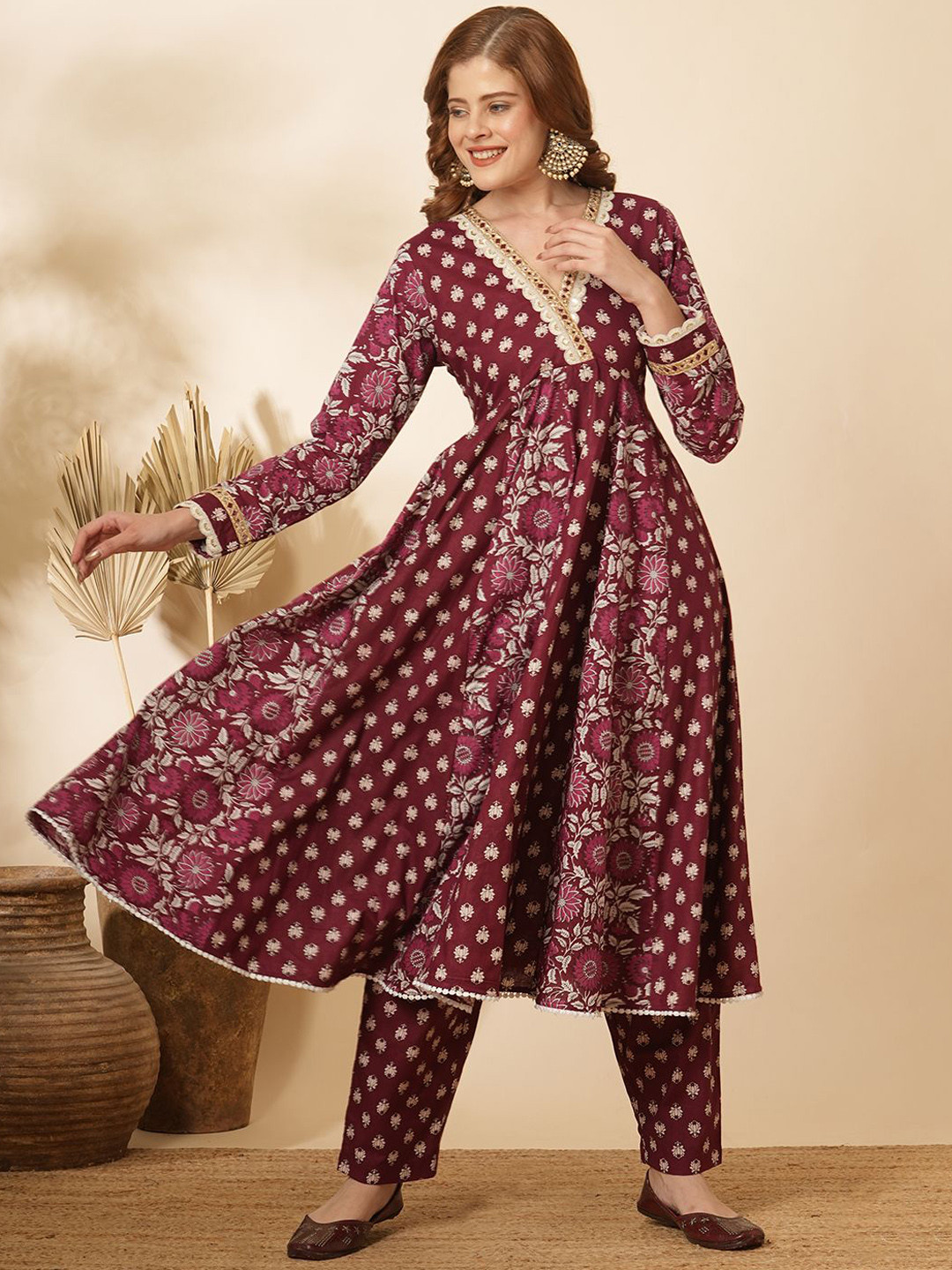 

FASHOR Ethnic Motifs Printed Angrakha Mirror Work Pure Cotton Kurta With Trousers, Burgundy