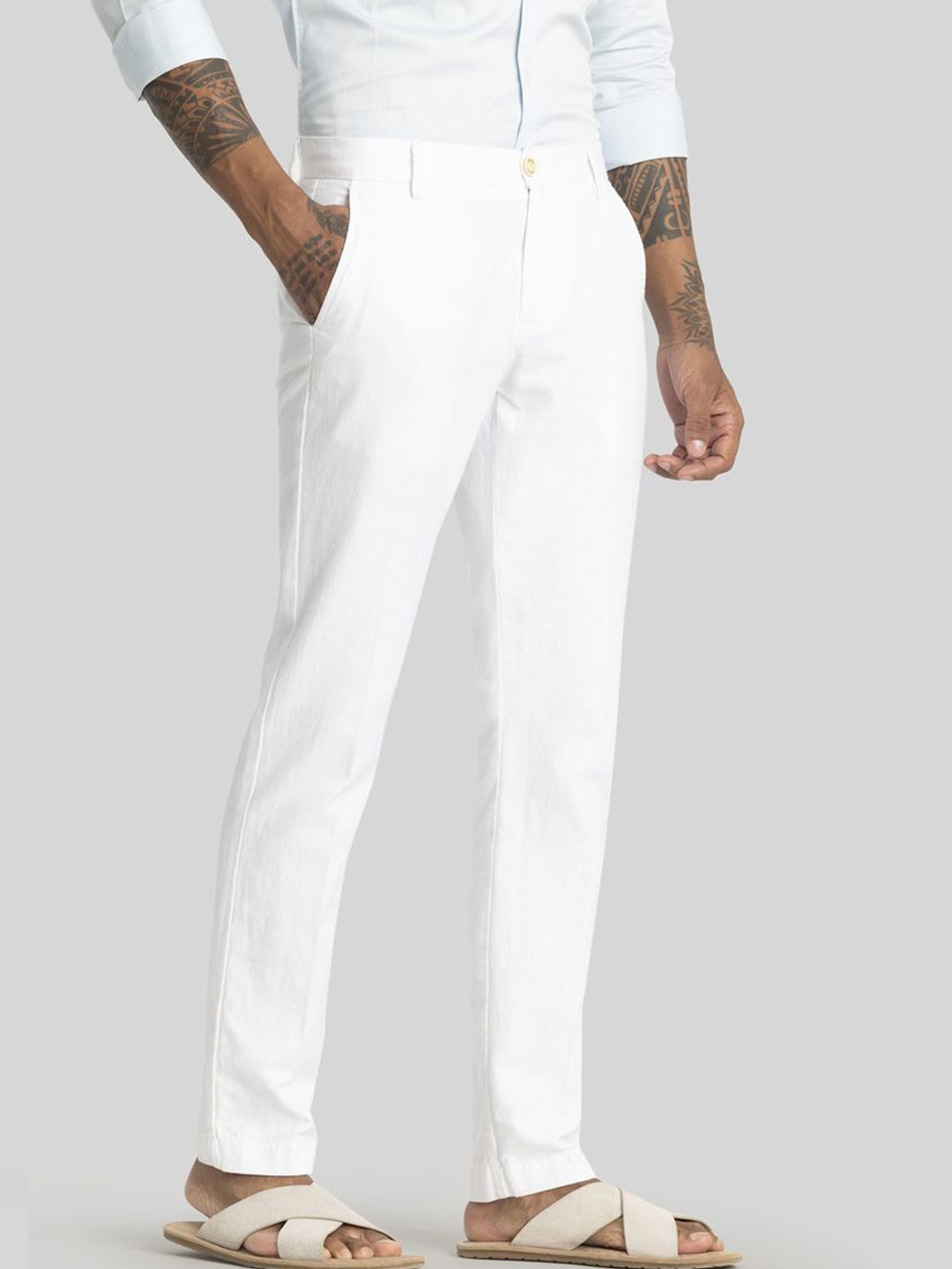 

Snitch Men Pure Linen Smart Slim Fit Regular Trousers, White