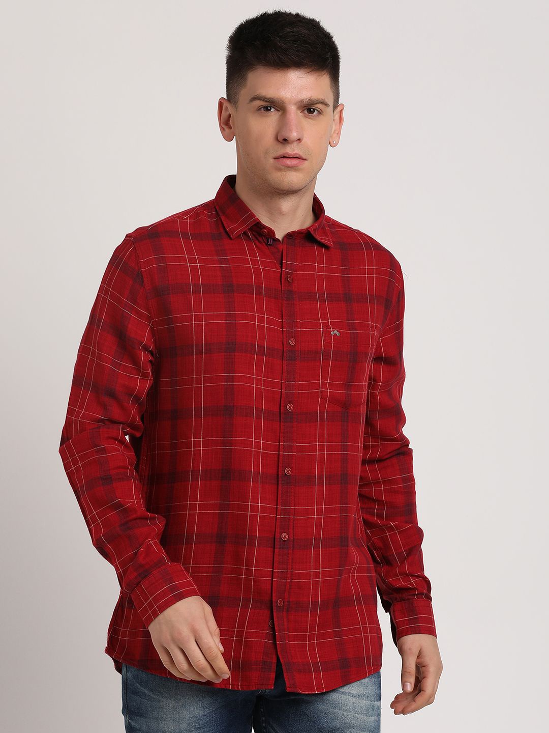 

Turtle Men Relaxed Spread Collar Tartan Checked Lyocell Slim Fit Casual Shirt, Red