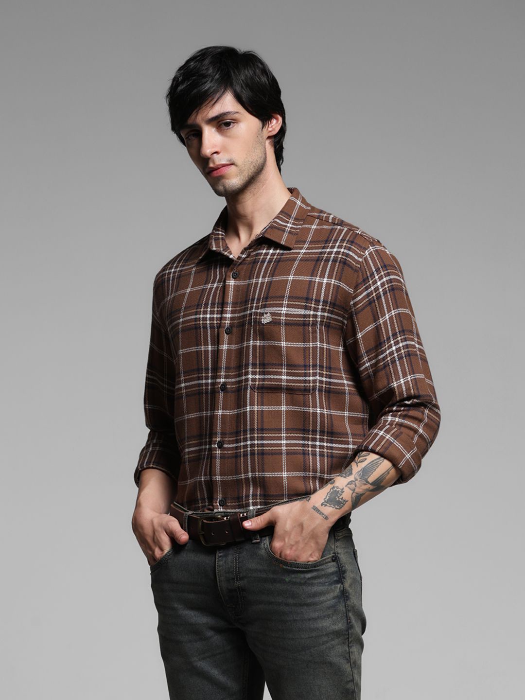 

Jack & Jones Men Spread Collar Tartan Checked Cotton Casual Shirt, Brown
