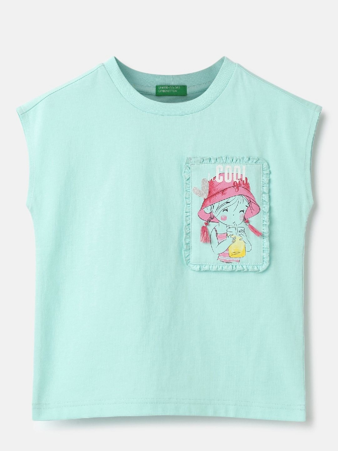

United Colors of Benetton Girls Solid Round Neck Pure Cotton T-Shirt, Blue