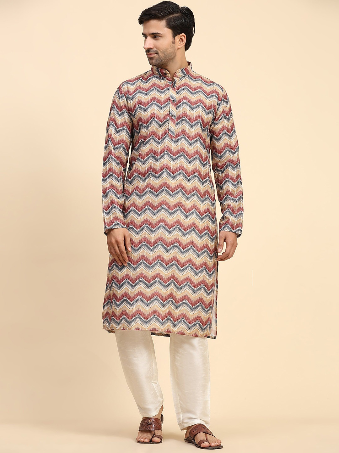 

Rawayi Geometric Printed Band Collar Cotton Straight Kurta, Beige