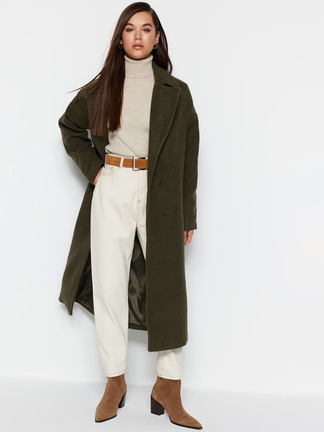 

Trendyol Women Solid Notched Lapel Collar Overcoat, Olive