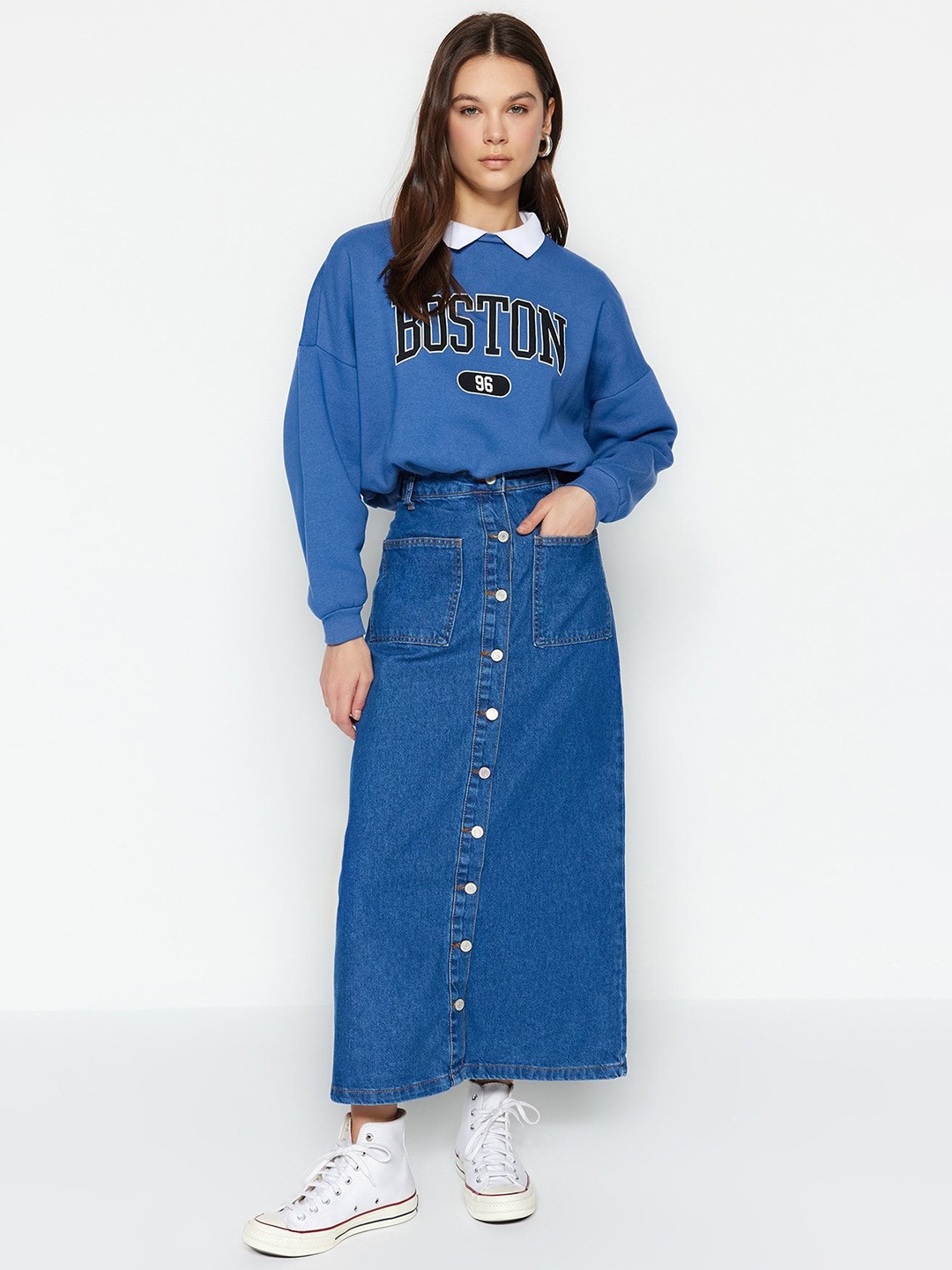 

Trendyol Pure Cotton Denim Skirt, Blue