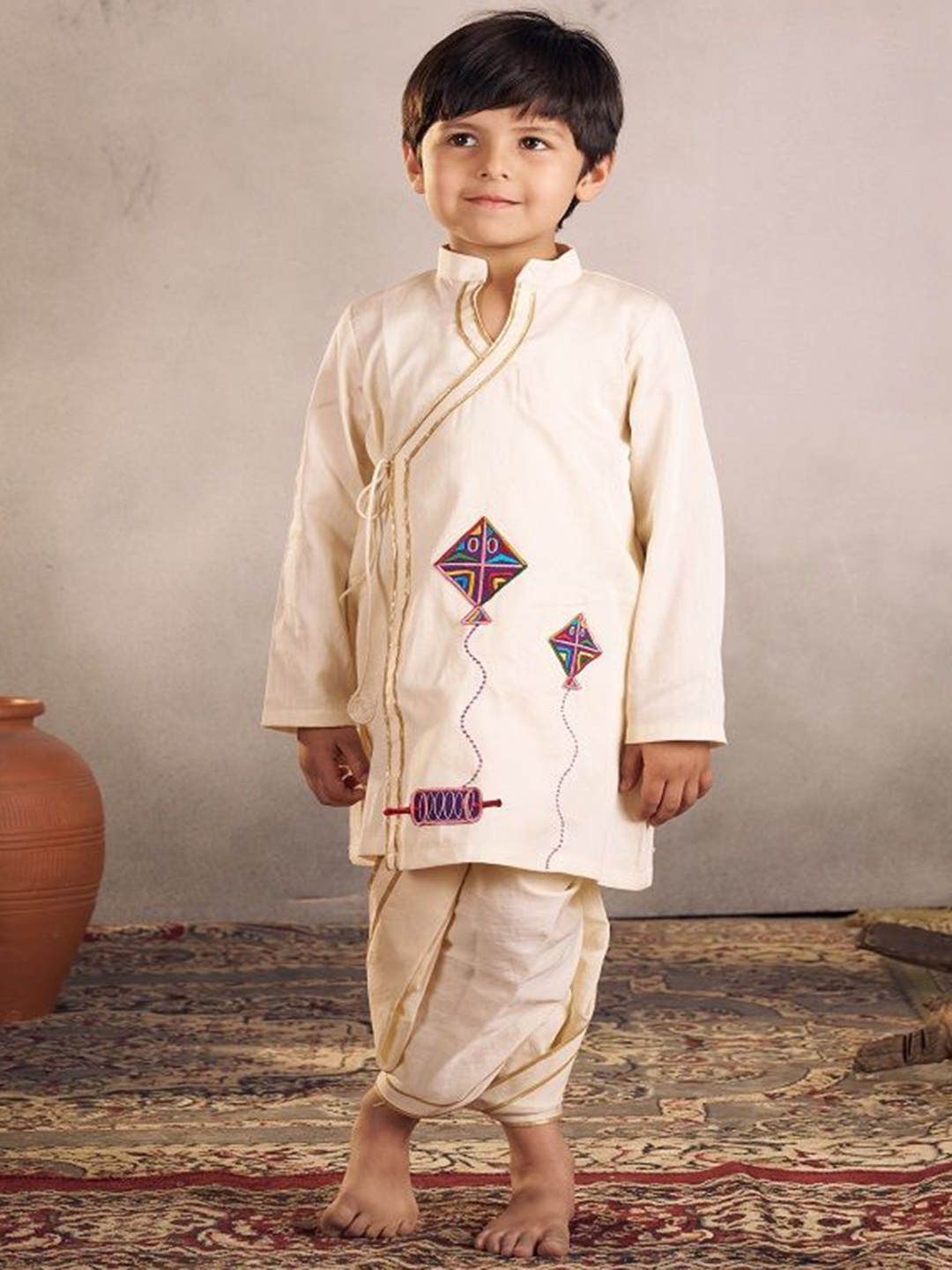 

Vivedkids Boys Geometric Embroidered Angrakha Thread Work Pure Cotton Kurta & Dhoti Pants, Off white