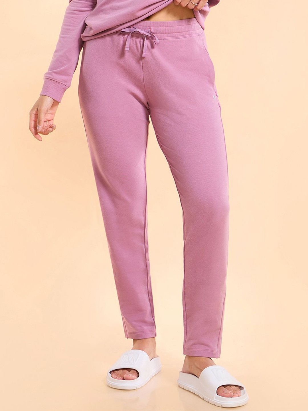 

Enamor Essentials E060-Slim Fit Mid Rise French Terry Ankle-Length Lounge Pants, Pink