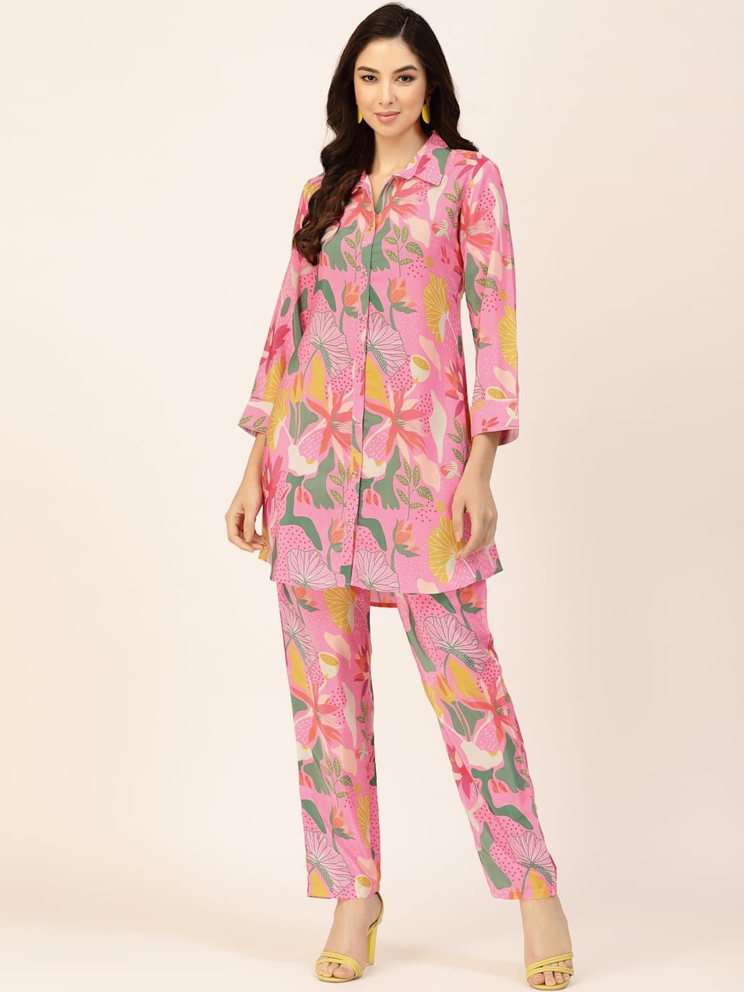 

TANKHI Floral Printed Shirt Collar Shirt With Trousers, Pink