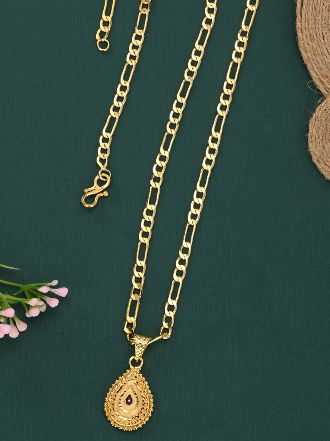 

AanyaCentric Gold-Plated Teardrop Shaped Brass Pendant & Chain