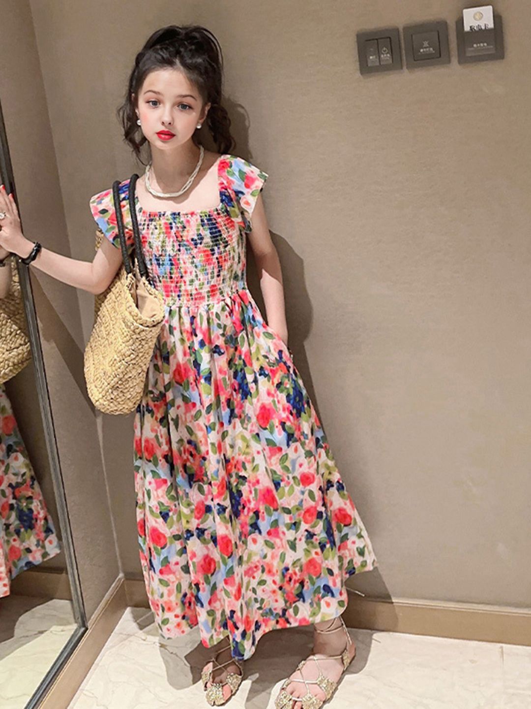 

INCLUD Girls Floral Print Smocked A-Line Dress, Red
