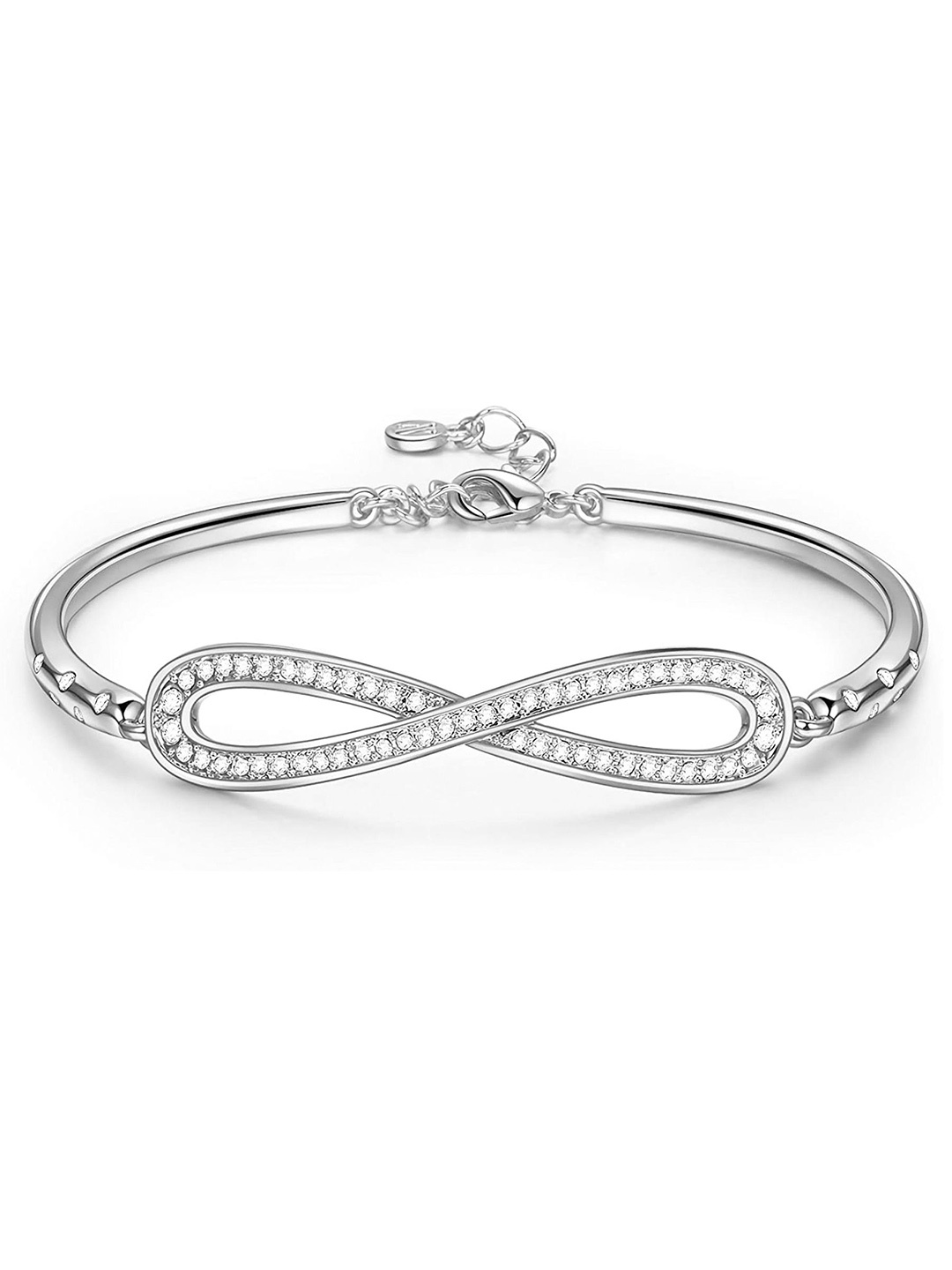 

Okos Crystals Studded Rhodium-Plated Love Infinity Adjustable Kada Bracelet, Silver