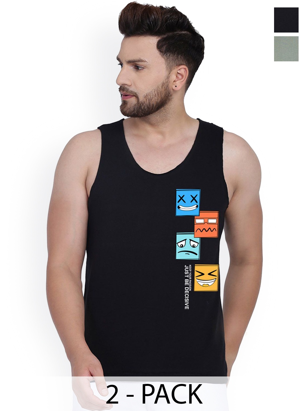 

SLOWLORIS Pack Of 2 Men Printed Innerwear Gym Vests, Black