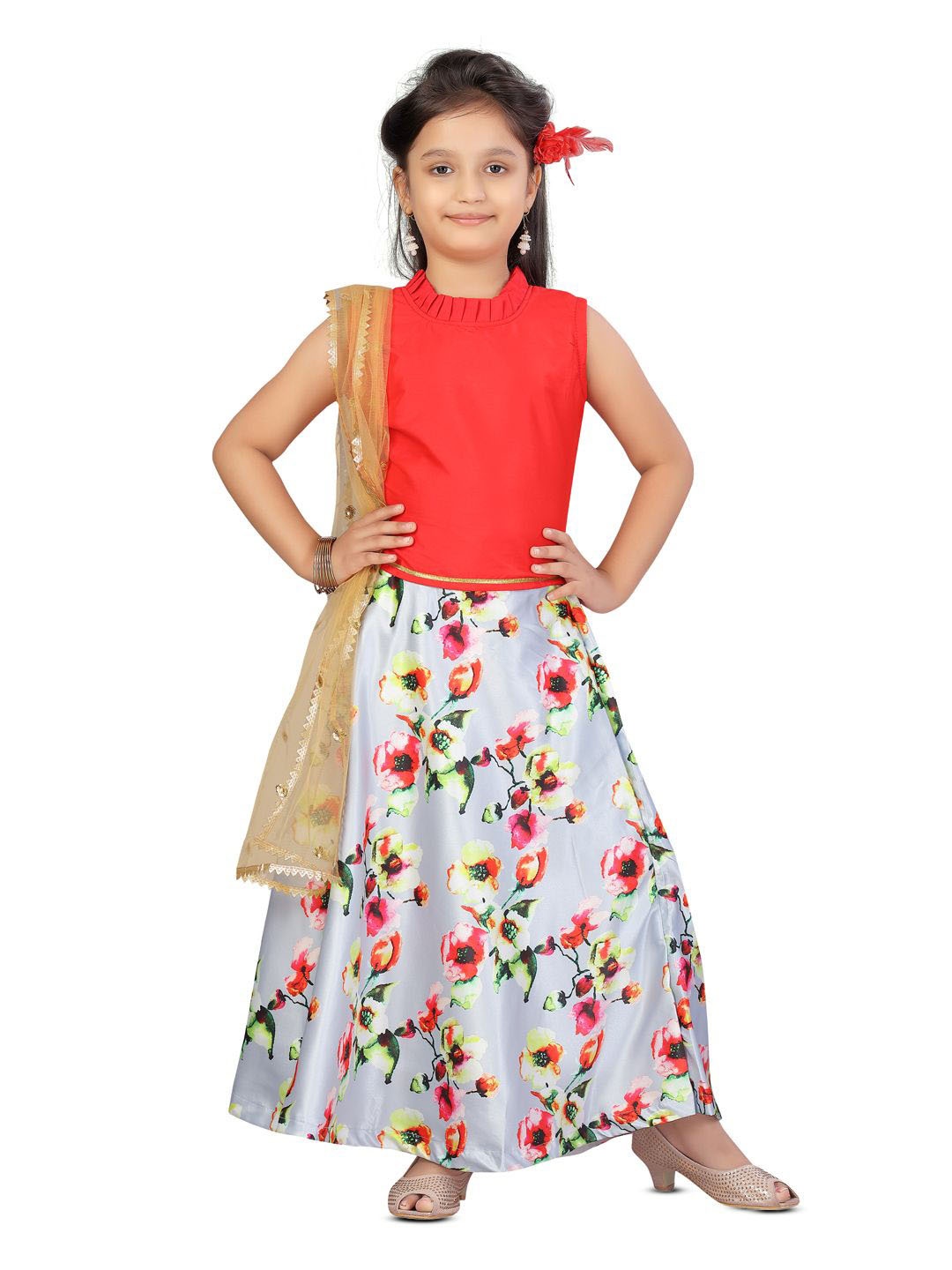 

BAESD Girls Ready to Wear Silk Lehenga & Blouse With Dupatta, Red