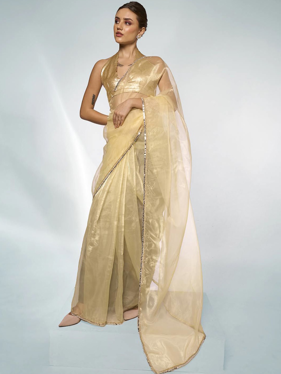 

Mitera Mirror Work Organza Saree, Cream